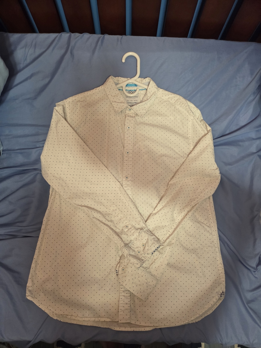 Denim & Flower White Dress Shirt with Tiny Navy Dots